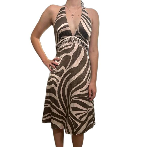 BCBG Silk Halter Dress Zebra Striped Brown Champagne Cocktail $260 Size 6 - Picture 1 of 8